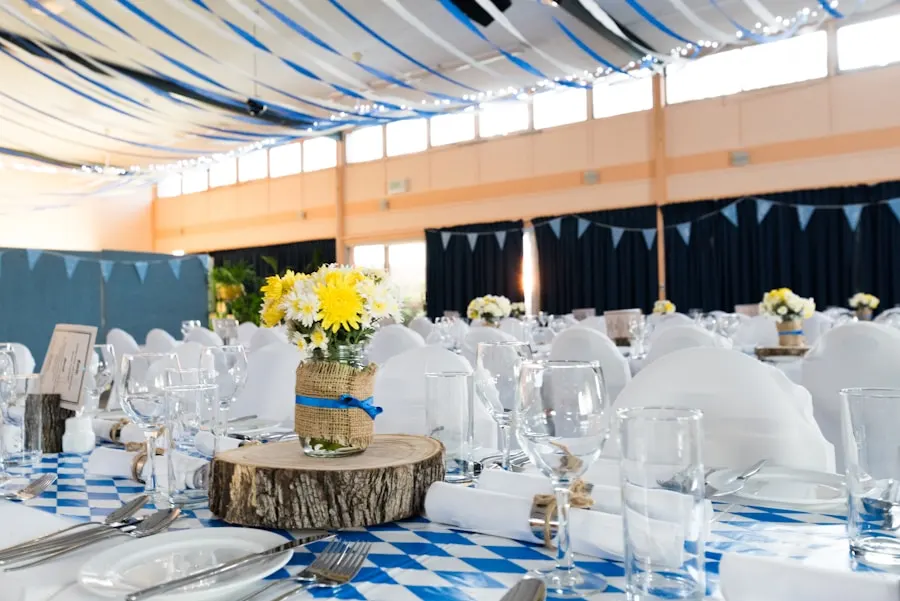 Wedding tables under warm lights